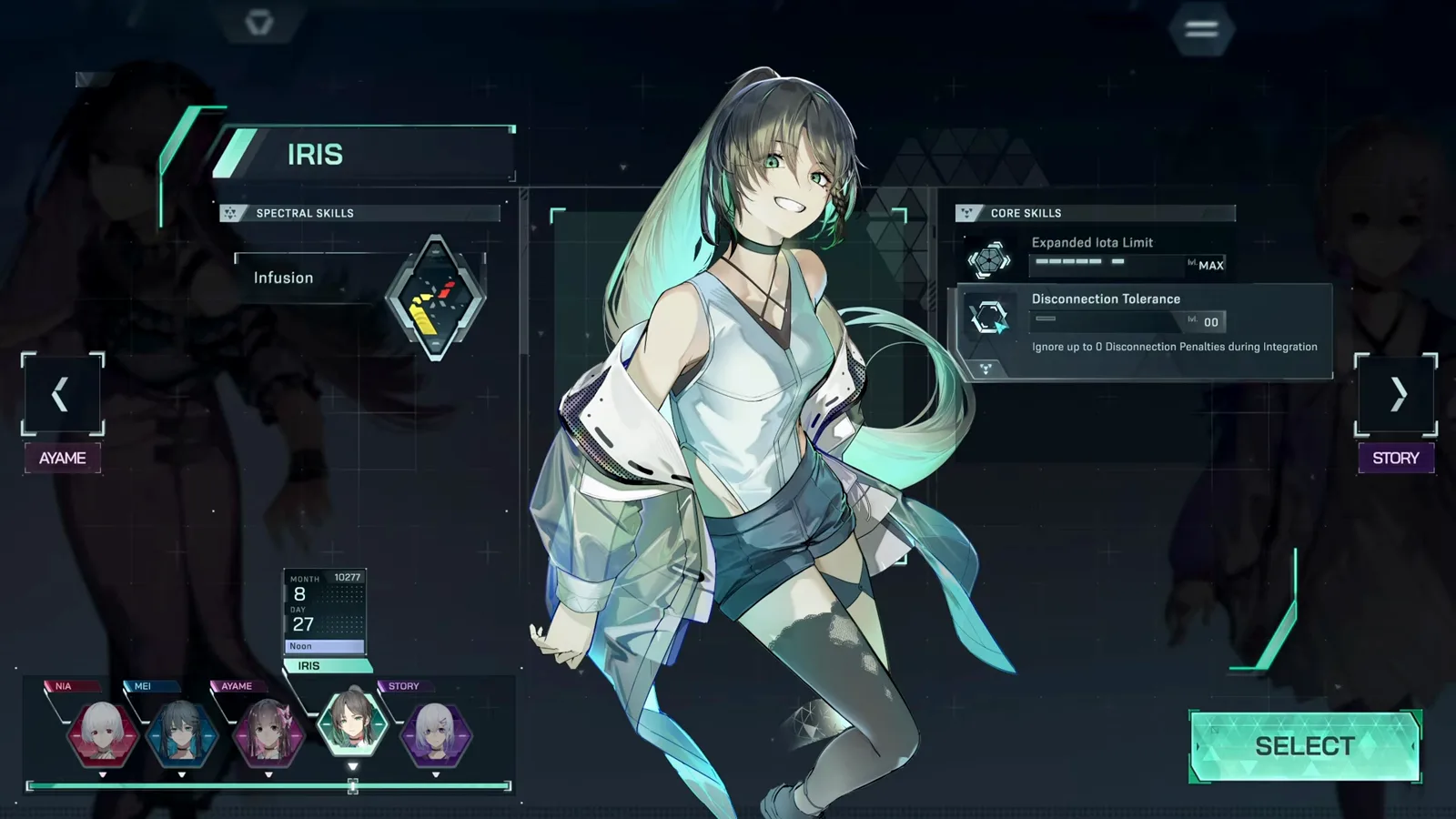 In Falsus character select screen with Iris highlighted, her Spectral and Core Skills panels and the row of selectable characters