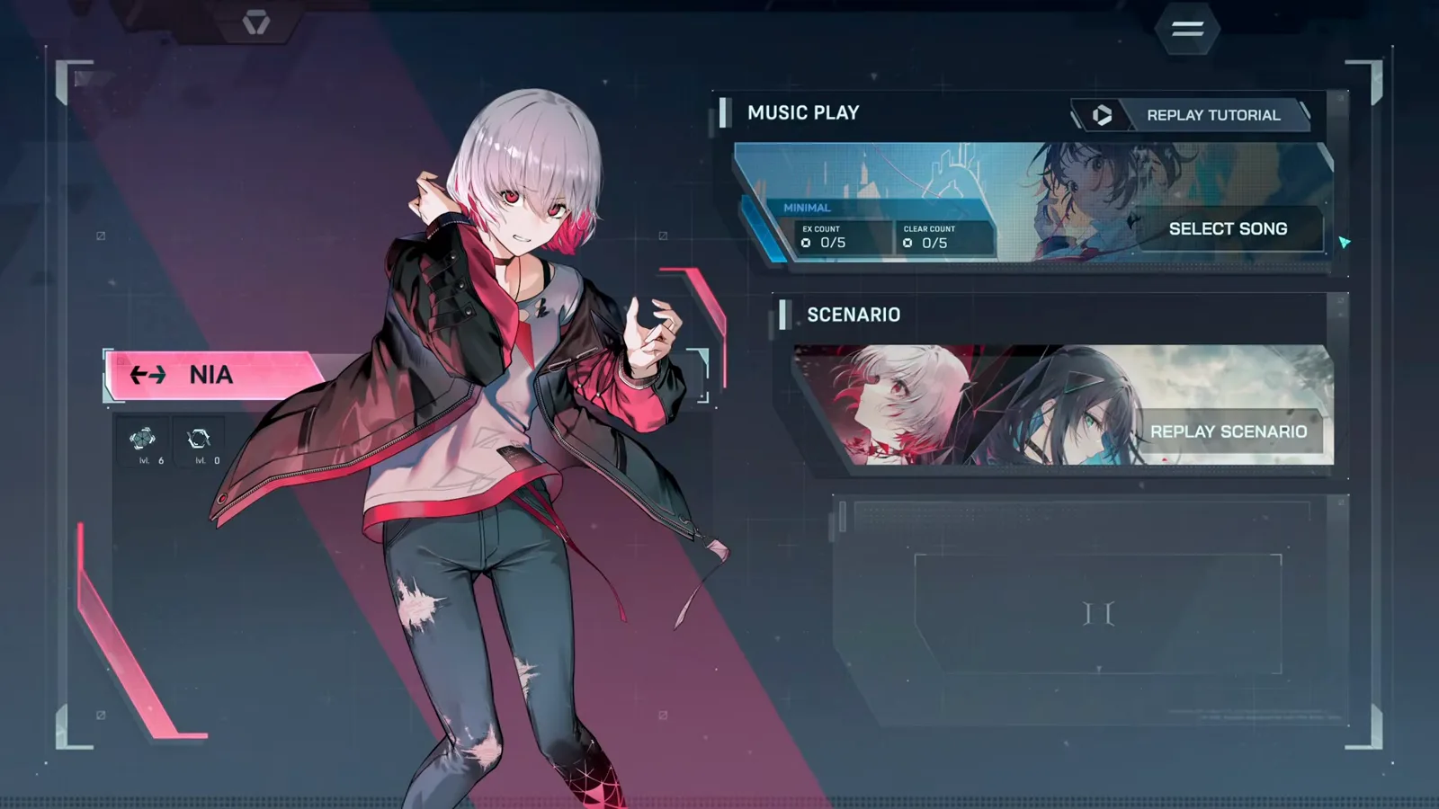 In Falsus hub screen with Nia selected, the music play menu, replay tutorial button and character navigation arrows In Falsus hub screen with Nia selected, the music play menu, replay tutorial button and character navigation arrows