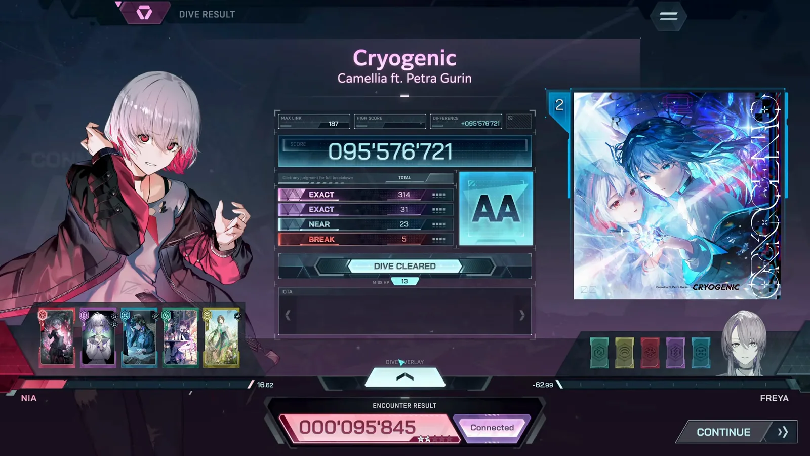 In Falsus dive results screen for Cryogenic with the AA grade, the judgment breakdown and the continue button In Falsus dive results screen for Cryogenic with the AA grade, the judgment breakdown and the continue button