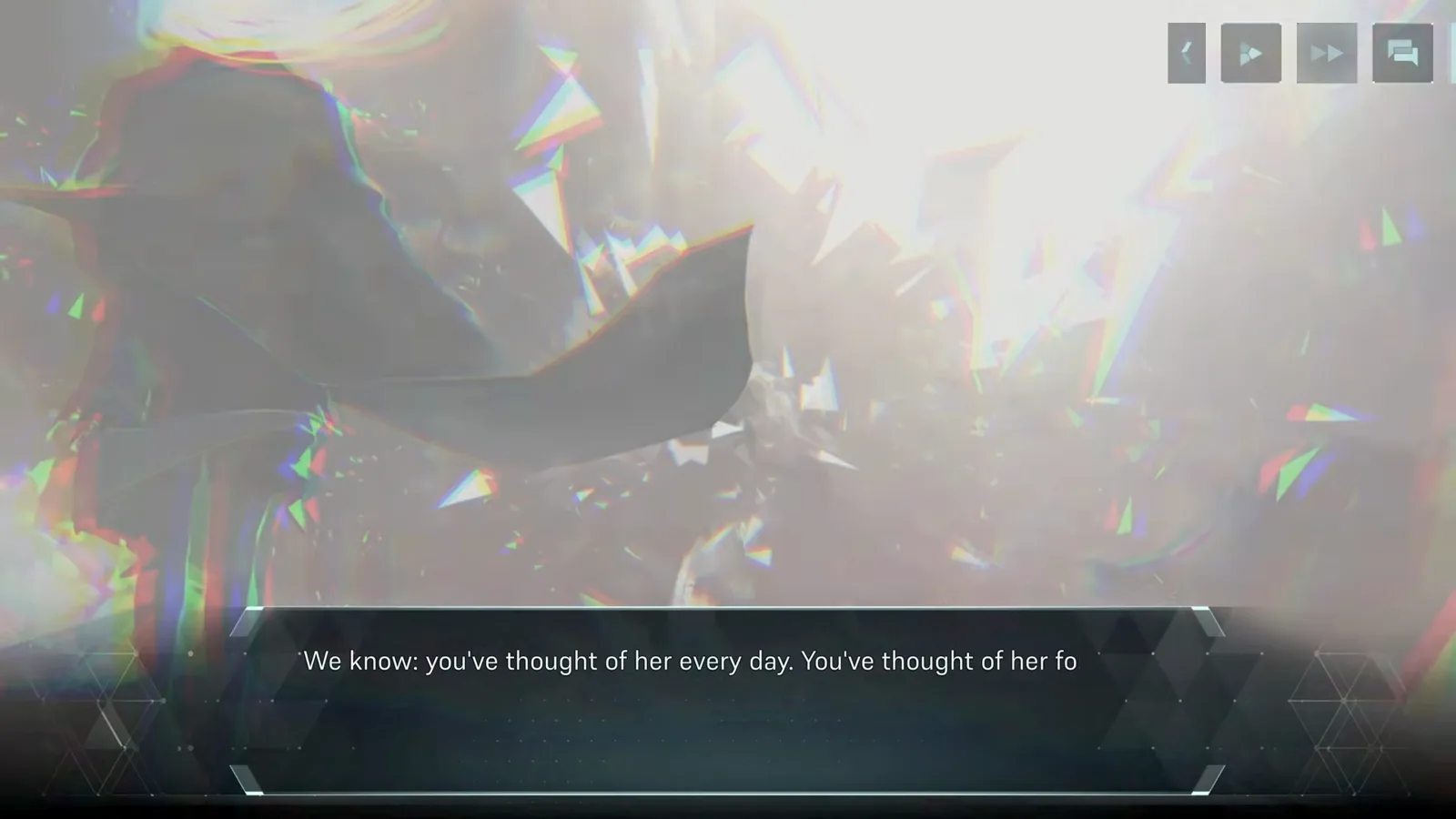 Opening In Falsus story cutscene with glitched silhouette visuals and the first narration line of the demo scenario Opening In Falsus story cutscene with glitched silhouette visuals and the first narration line of the demo scenario
