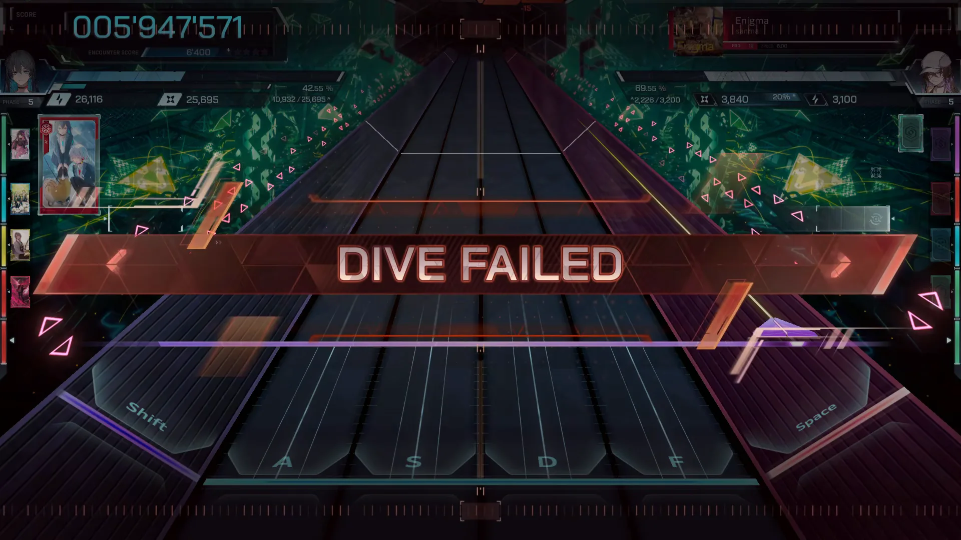 DIVE FAILED banner across the empty In Falsus lanes, the final score locked at 005'947'571