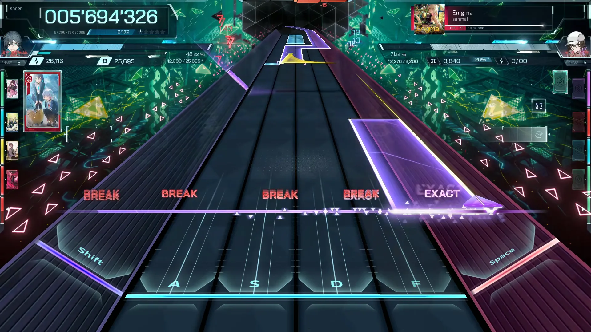Late-chart violet slab strikes the right lanes for an EXACT with a sparkle trail at 005'694'326 in In Falsus