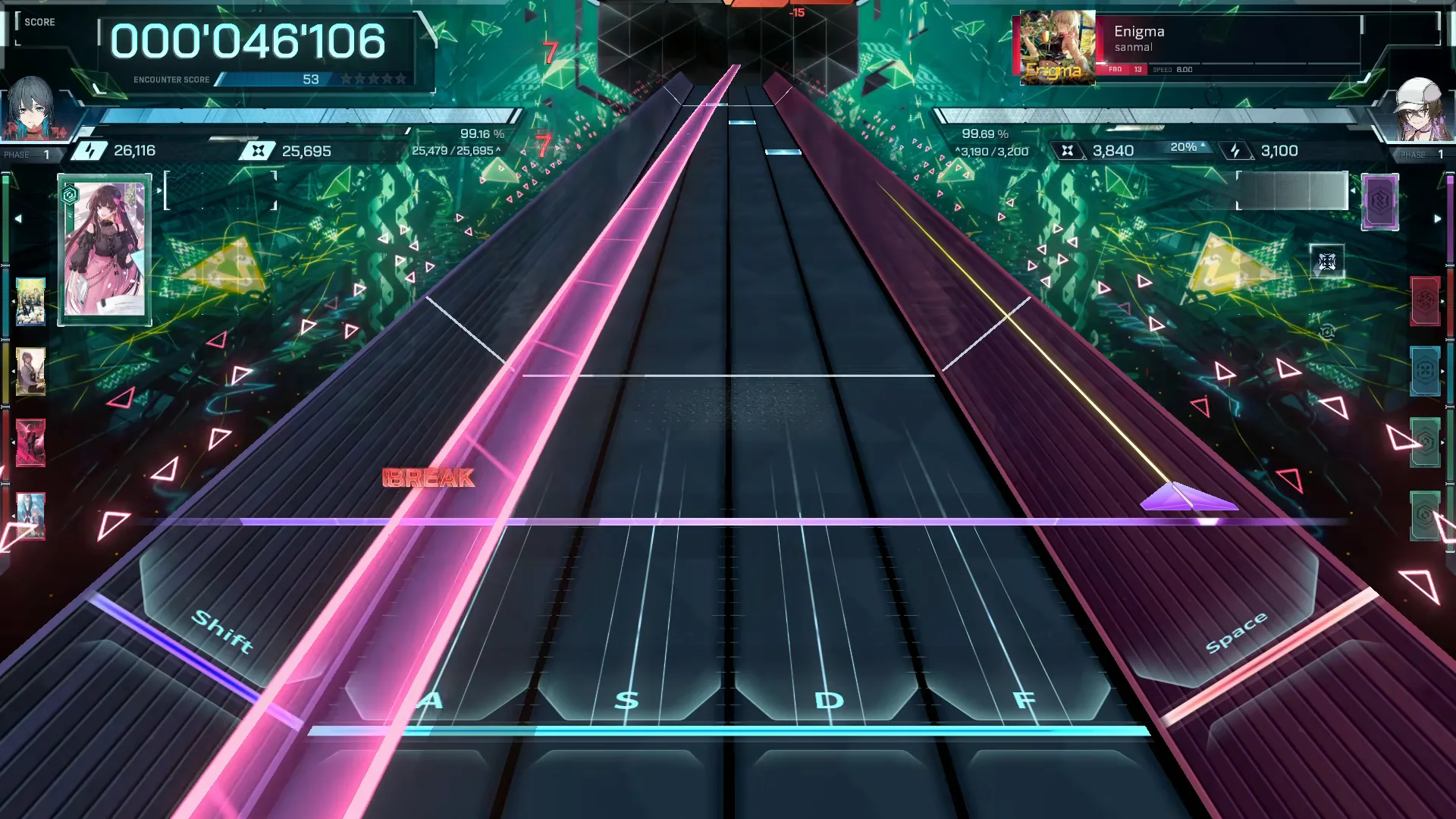 In Falsus Enigma FBD 13 opening: a magenta stream climbs the center lanes at Note Speed 6.00, score 000'046'106