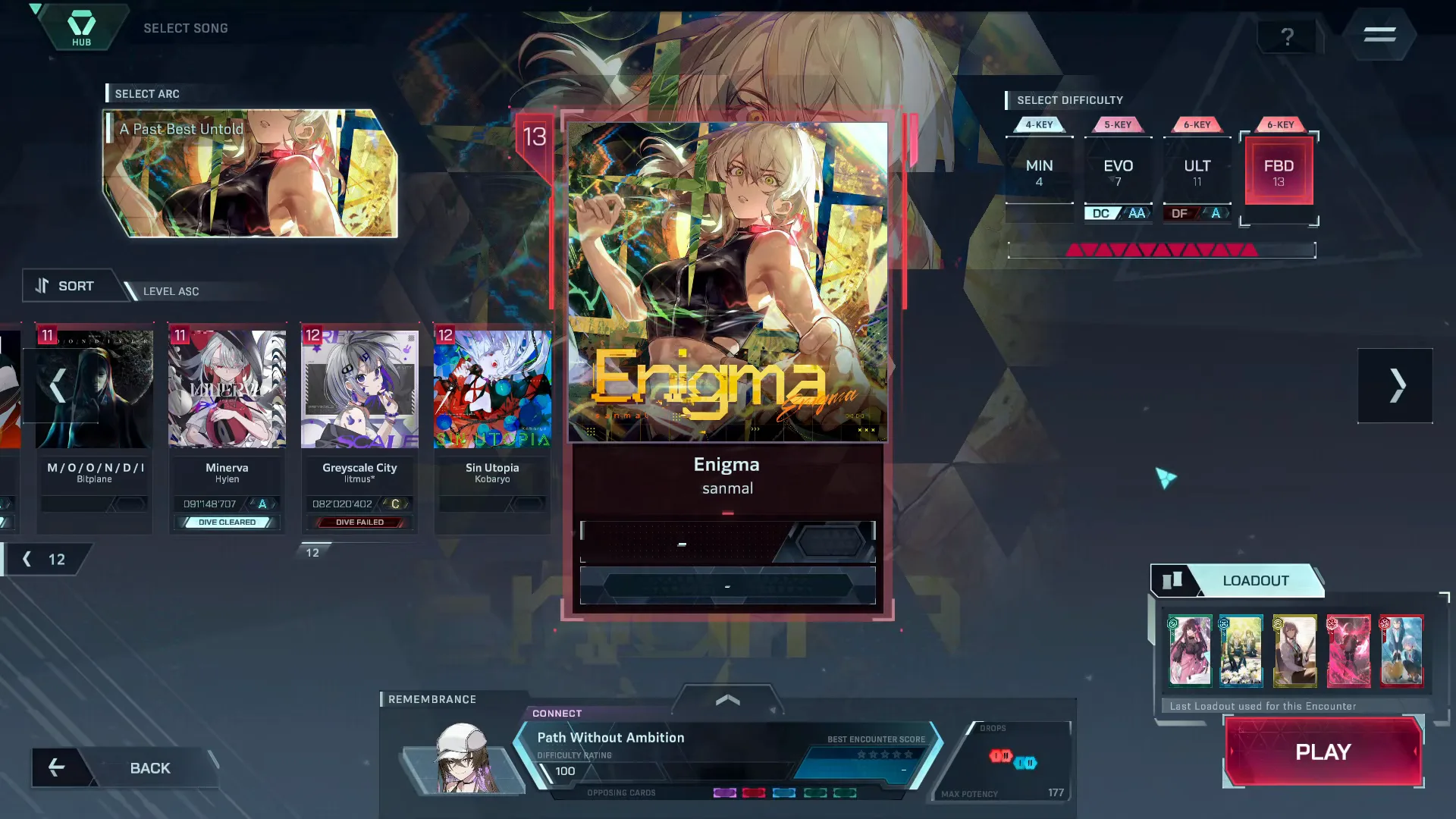 In Falsus song select with the Enigma FBD 13 tab lit beside MIN 4, EVO 7 and ULT 11 under the A Past Best Untold arc