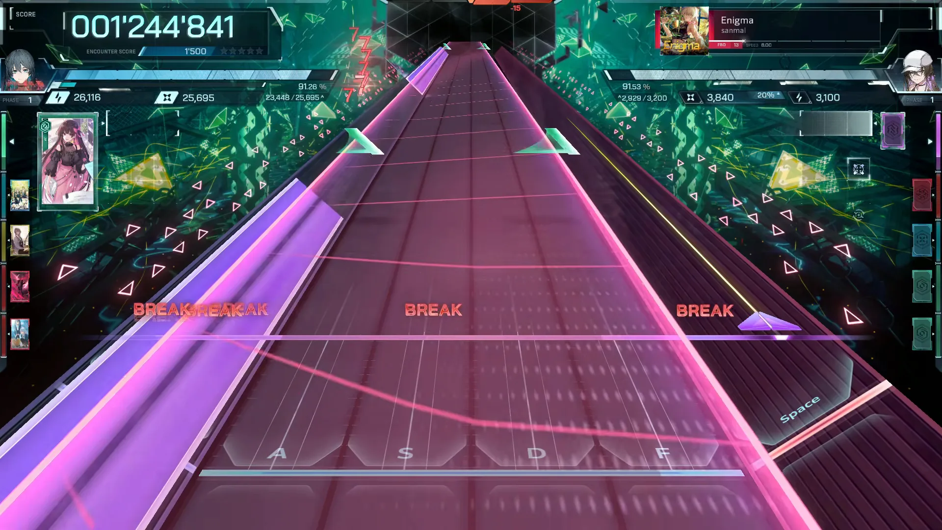 Magenta and pink beams form a V across all six lanes under four BREAK judgments at 001'244'841 in In Falsus