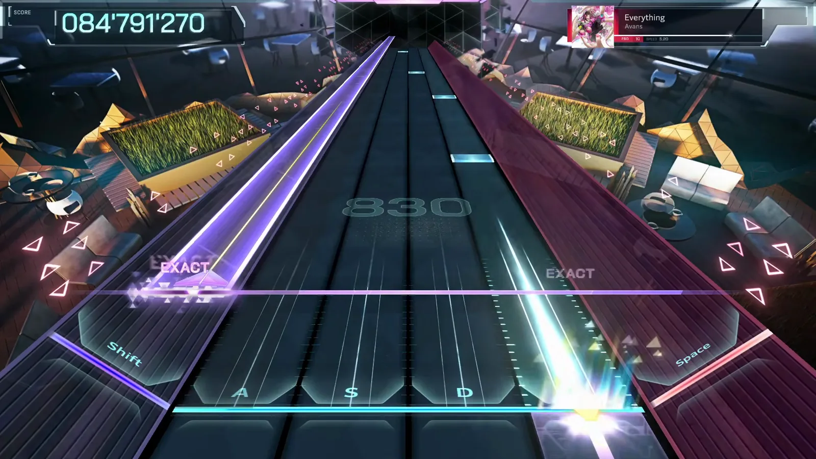 A violet slab cuts diagonally across the lanes at 084'791'270 with the chain watermark on 830 in Everything FBD 10