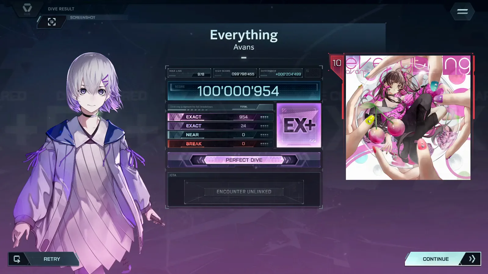The settled In Falsus DIVE RESULT card prints 100'000'954 rank EX+ with EXACT 954 + 24, NEAR 0, BREAK 0, MAX LINK 978