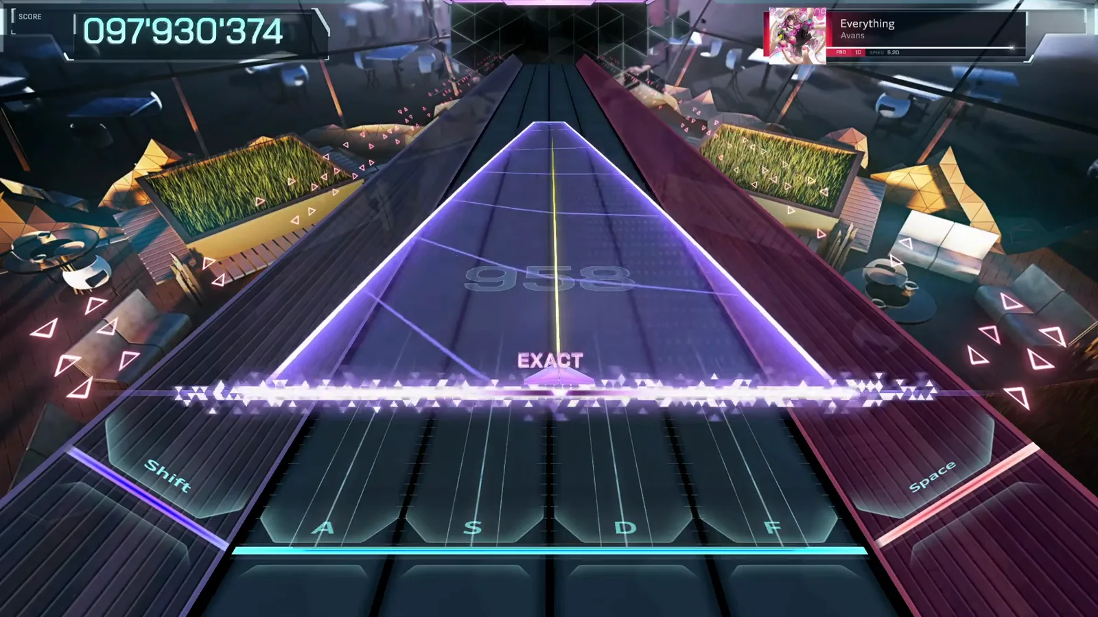 The closing pyramid spans the highway at 097'930'374, watermark 958, in the final seconds of Everything FBD 10
