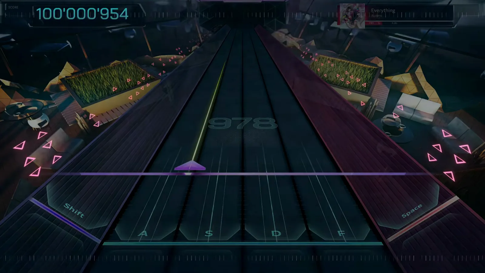 In Falsus parks the chain watermark at 978 on the emptied Everything field with 100'000'954 frozen on the HUD