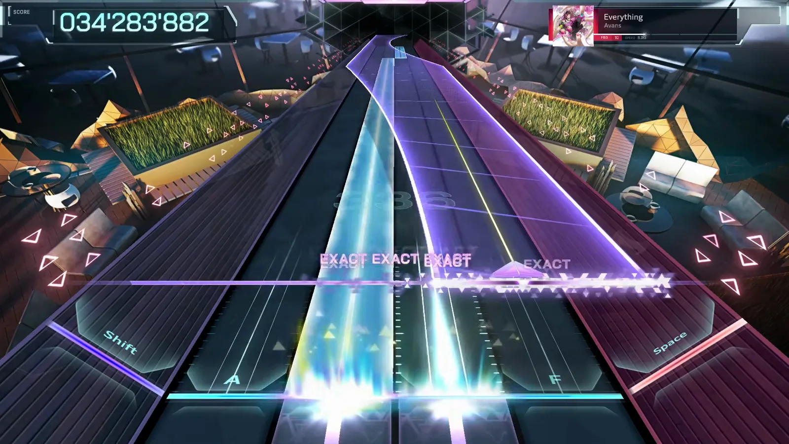 A tall violet wall slab rises over the center lanes at 034'283'882 midway through Everything FBD 10 in In Falsus