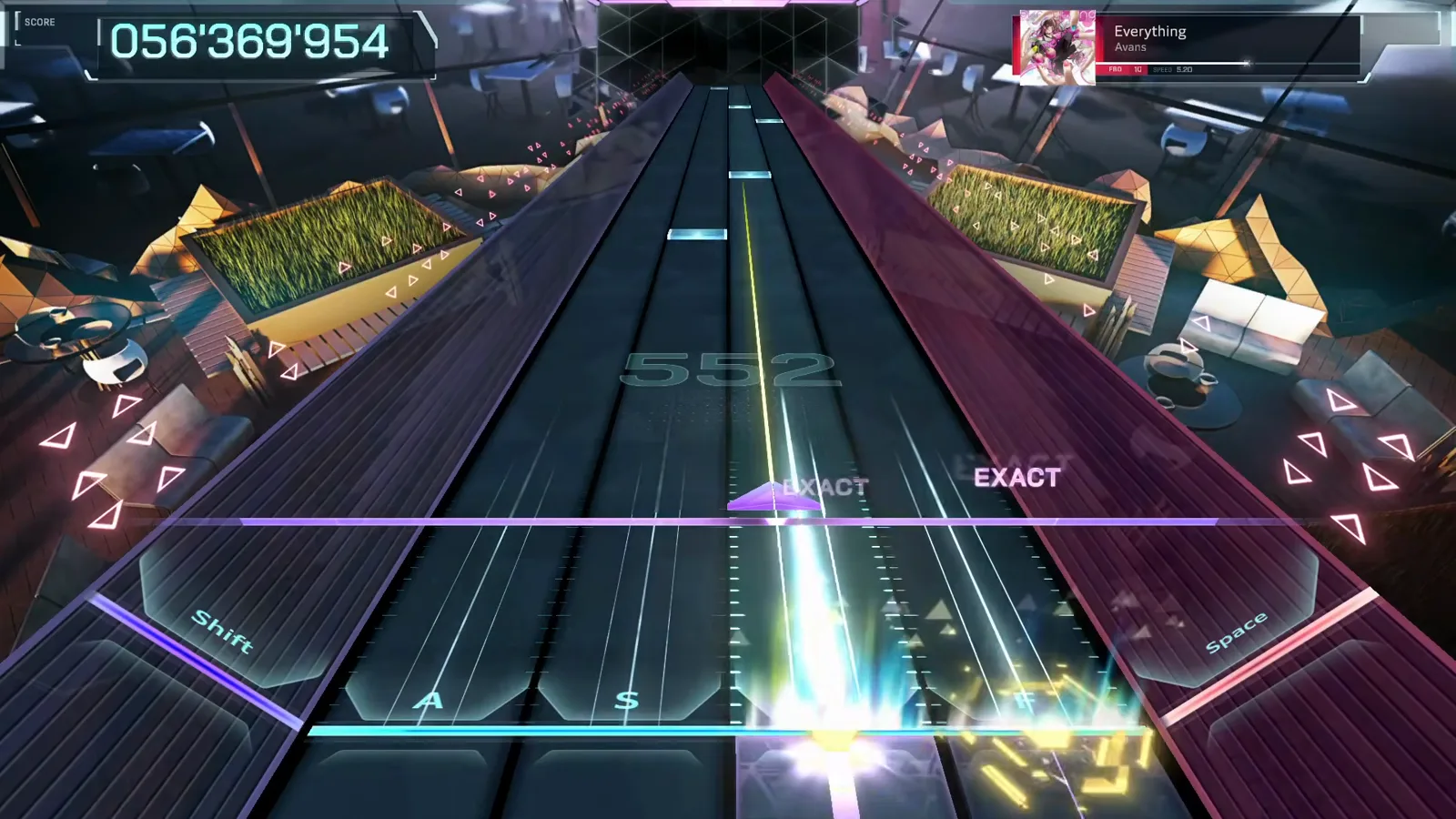 Three lanes burst EXACT at once at 056'369'954, watermark 552, in the densest mid-run stretch of Everything FBD 10