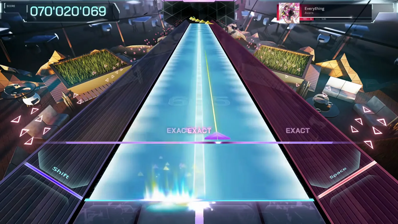 The widest white-cyan field beam of the run covers the highway at 070'020'069 in Everything FBD 10 in In Falsus