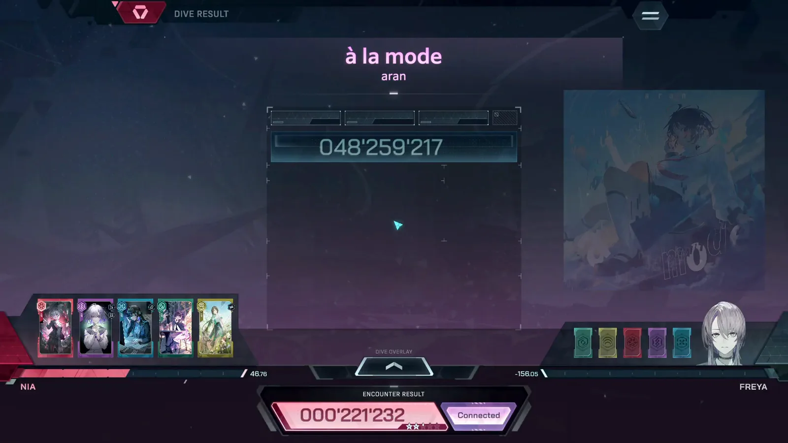 In Falsus a la mode DIVE RESULT screen showing the dive score and the encounter result with a Connected badge In Falsus a la mode DIVE RESULT screen showing the dive score and the encounter result with a Connected badge