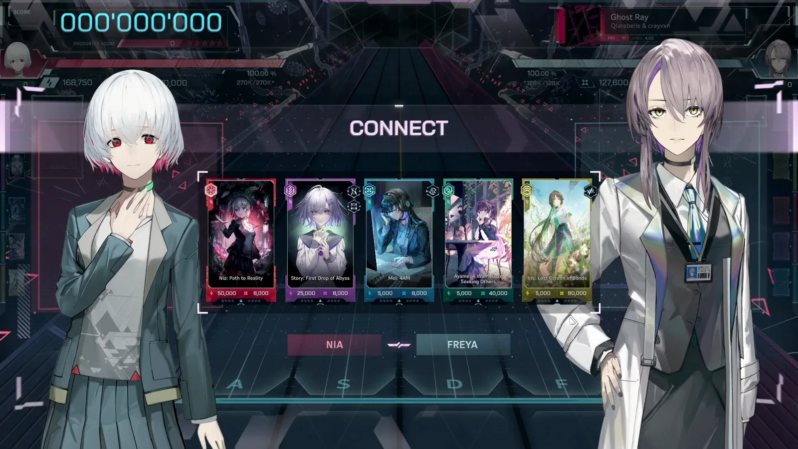 In Falsus CONNECT screen with the five-card loadout between Nia on the left and Freya on the right before the next dive In Falsus CONNECT screen with the five-card loadout between Nia on the left and Freya on the right before the next dive