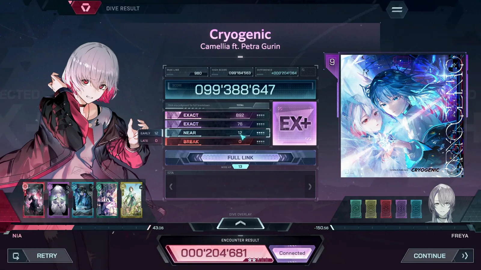 In Falsus Cryogenic ULT 9 DIVE RESULT with EX+ grade, FULL LINK banner and judgment breakdown of 892 and 76 EXACT with 12 NEAR and 0 BREAK In Falsus Cryogenic ULT 9 DIVE RESULT with EX+ grade, FULL LINK banner and judgment breakdown of 892 and 76 EXACT with 12 NEAR and 0 BREAK