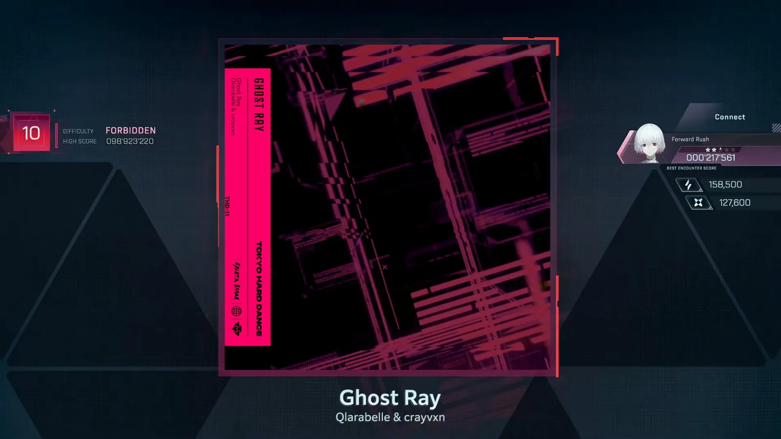 In Falsus song select screen for Ghost Ray showing the red FORBIDDEN 10 difficulty badge and the Connect stat panel In Falsus song select screen for Ghost Ray showing the red FORBIDDEN 10 difficulty badge and the Connect stat panel