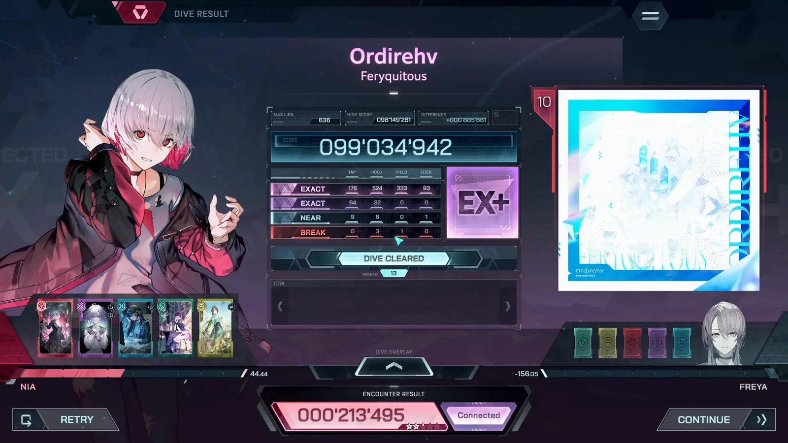 In Falsus Ordirehv FORBIDDEN 10 DIVE RESULT with EX+ grade and the judgment breakdown expanded into TAP HOLD FIELD and FLICK columns In Falsus Ordirehv FORBIDDEN 10 DIVE RESULT with EX+ grade and the judgment breakdown expanded into TAP HOLD FIELD and FLICK columns