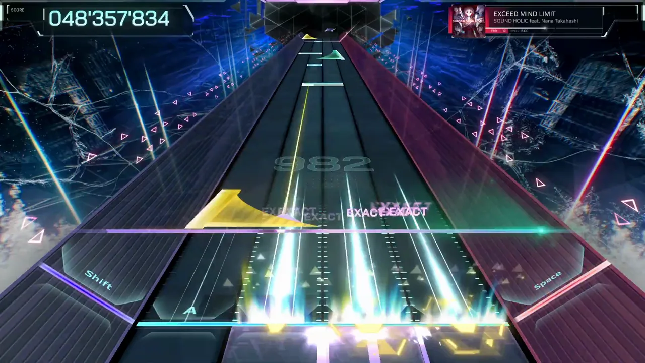 A yellow wedge hold rides the left lanes beside a green beam and gold hex nodes at 048'357'834 A yellow wedge hold rides the left lanes beside a green beam and gold hex nodes at 048'357'834