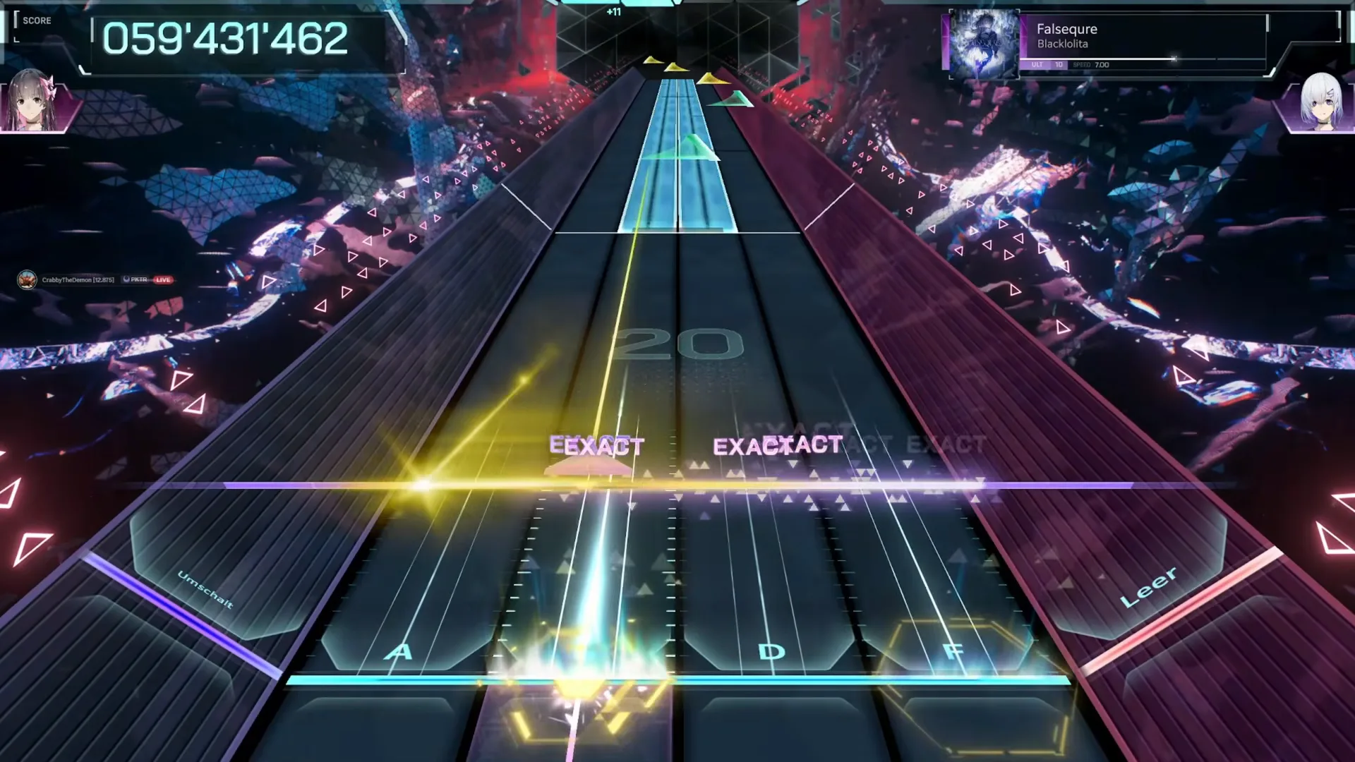 Yellow flick arrows land on a cyan field beam at chain 20, 059'431'462, inside Falsequre ULT 10 in In Falsus