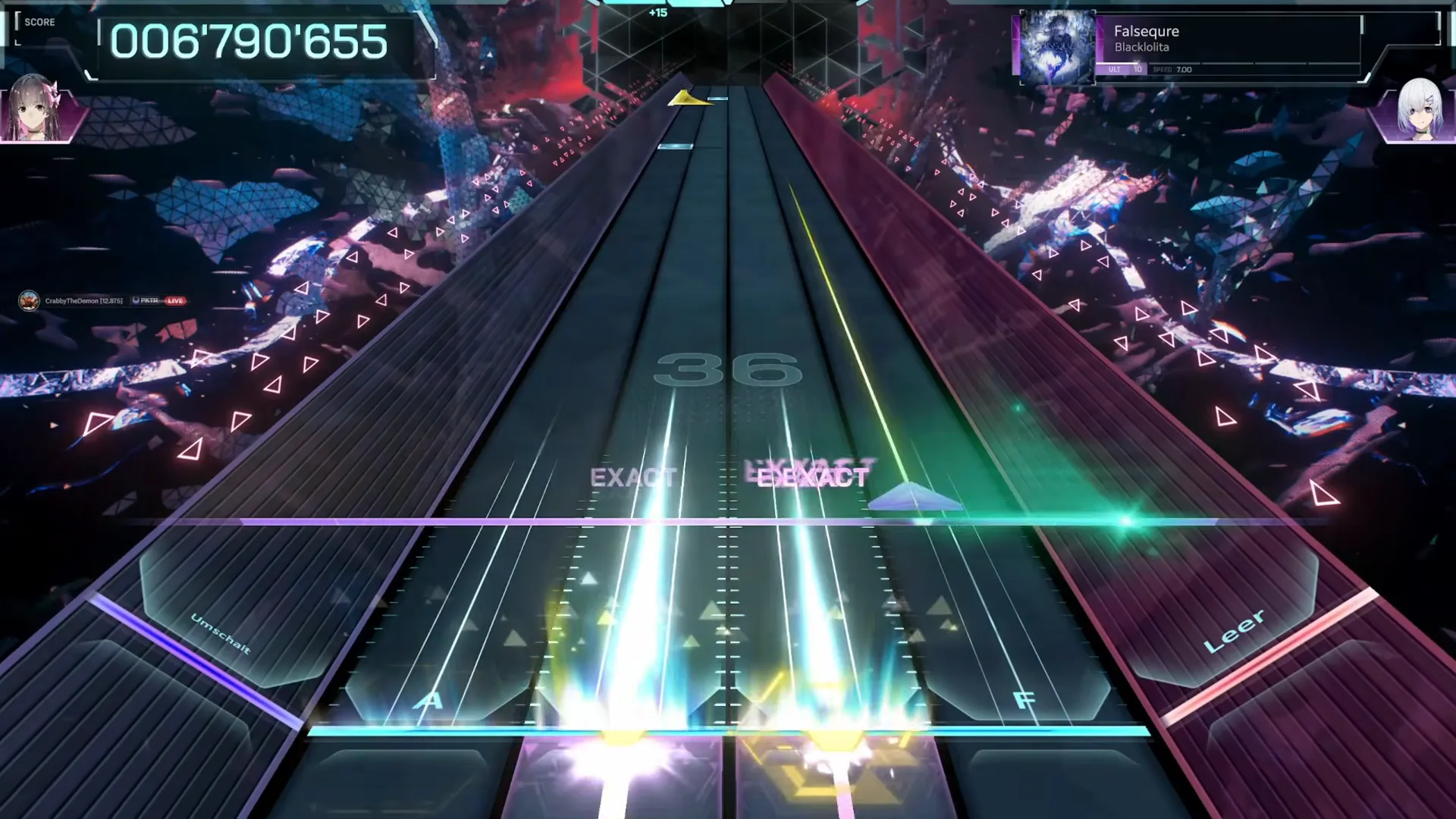 A green field beam sweeps the lanes at chain 36 for Falsequre ULT 10 in In Falsus, score 006'790'655