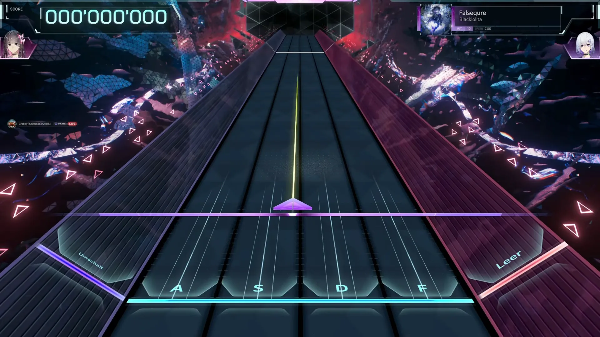 Falsequre ULT 10 idles at 000'000'000 across In Falsus's six lanes, the HUD card fixing ULT 10 and SPEED 7.00