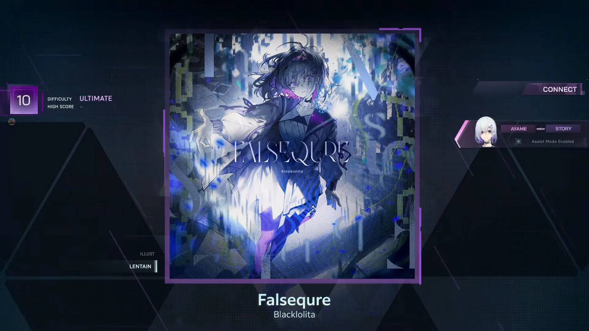 A 10 badge, a scoreless HIGH SCORE field and the words Assist Mode Enabled: Falsequre's card in In Falsus