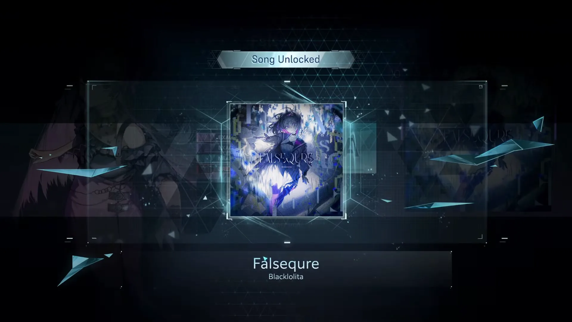 Teal hexagons frame the FALSEQURE jacket on the In Falsus Song Unlocked screen that closes this ULT 10 dive