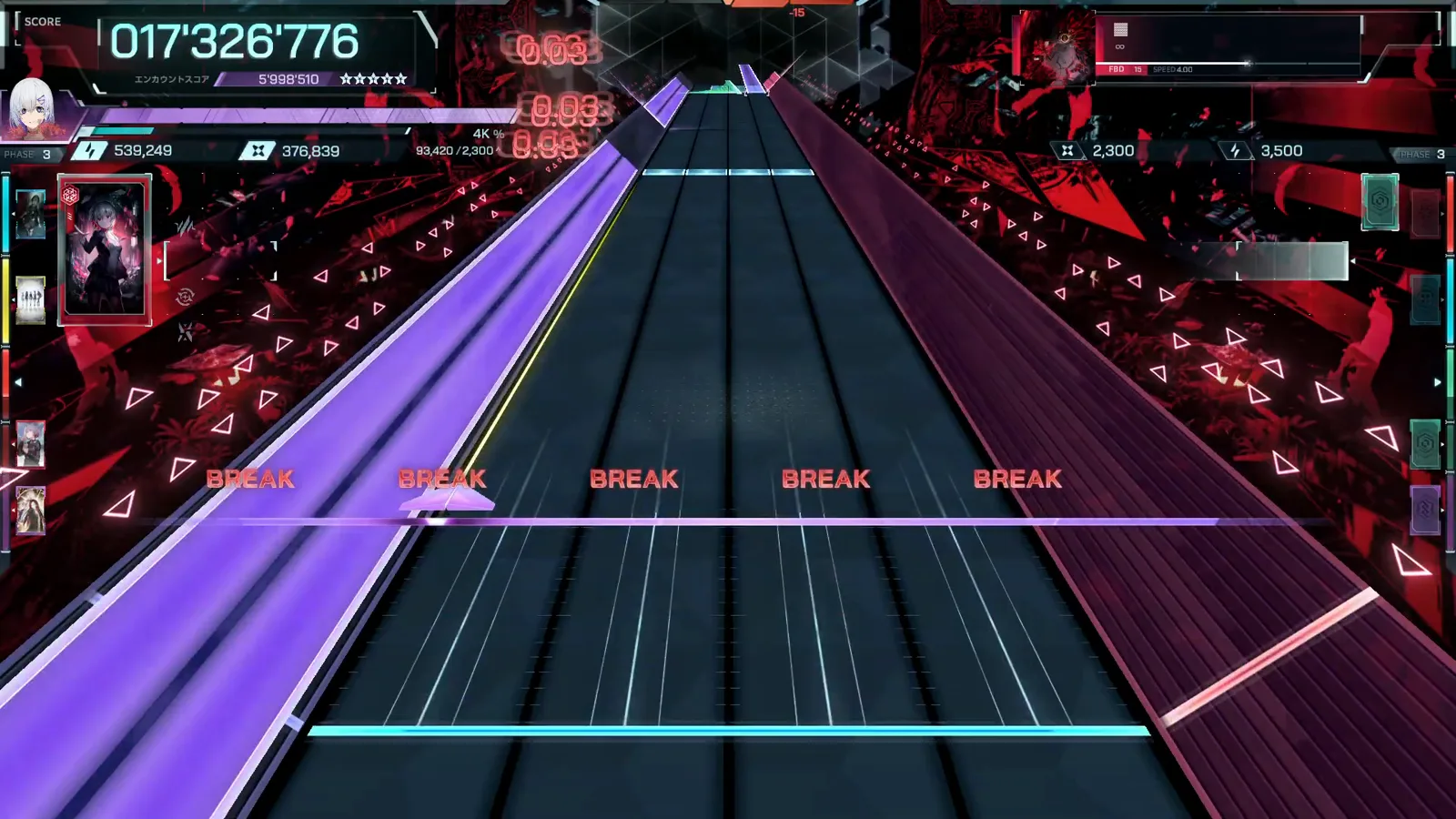 Floor note row spans all six lanes of In Falsus, five BREAK lamps lit at 017'326'776