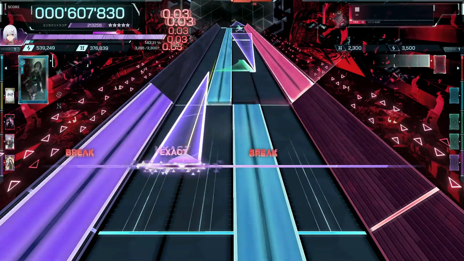 Twin violet beams and a cyan slab open the FBD 15 chart at 000'607'830 in In Falsus
