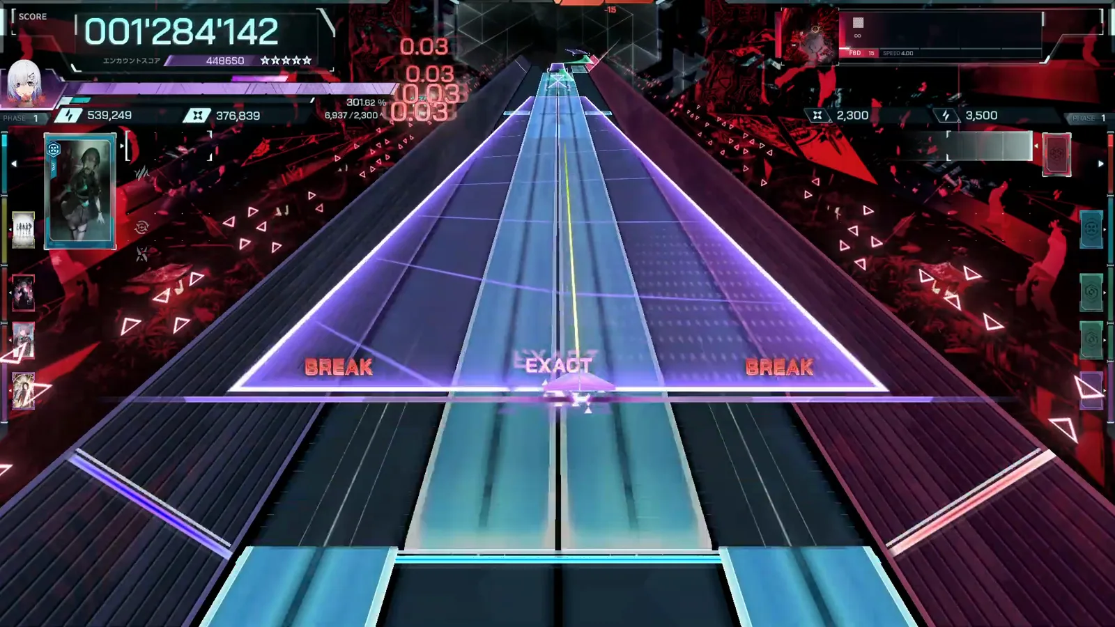 In Falsus FBD 15 opening burst: violet and cyan beams flood six lanes as BREAK and EXACT alternate at 001'284'142