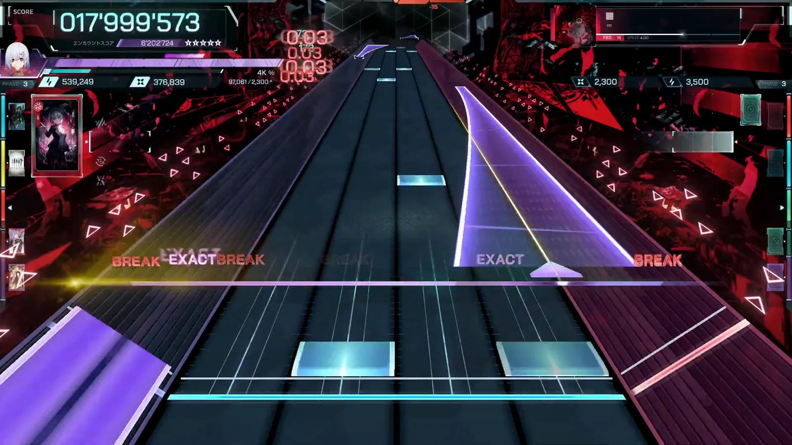 Wide floor note detonates in gold over the left lanes as a violet wave sweeps the In Falsus field at 017'999'573