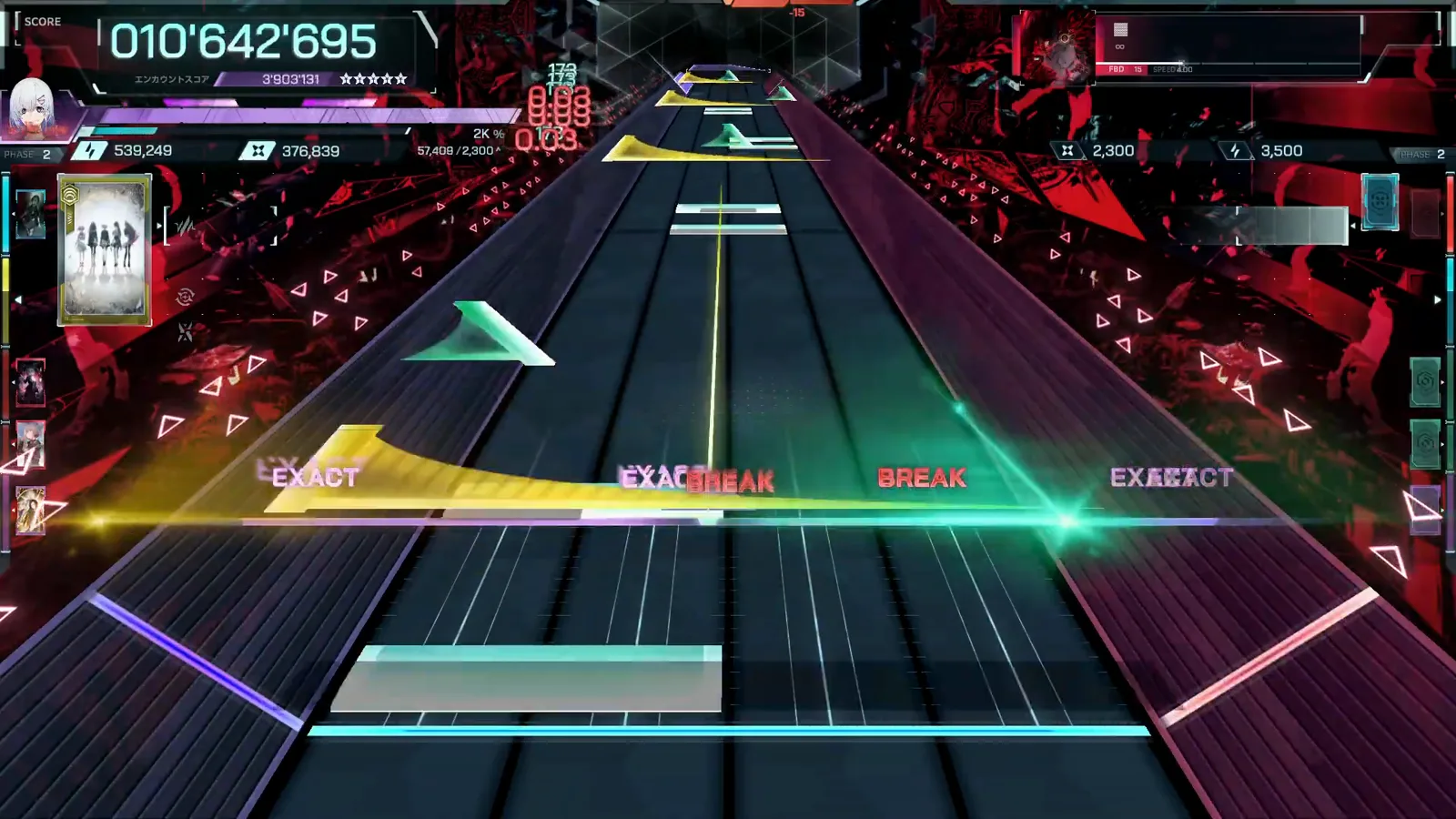 Gold wide slab and green burst across the left lanes, cyan panels mid-field at 010'642'695 in In Falsus