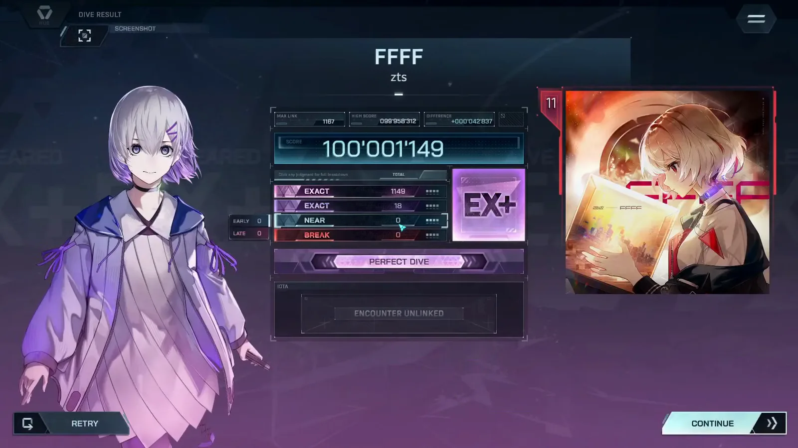 The settled In Falsus DIVE RESULT card prints 100'001'149 rank EX+ with EXACT 1149 + 18, NEAR 0, BREAK 0, MAX LINK 1167 The settled In Falsus DIVE RESULT card prints 100'001'149 rank EX+ with EXACT 1149 + 18, NEAR 0, BREAK 0, MAX LINK 1167