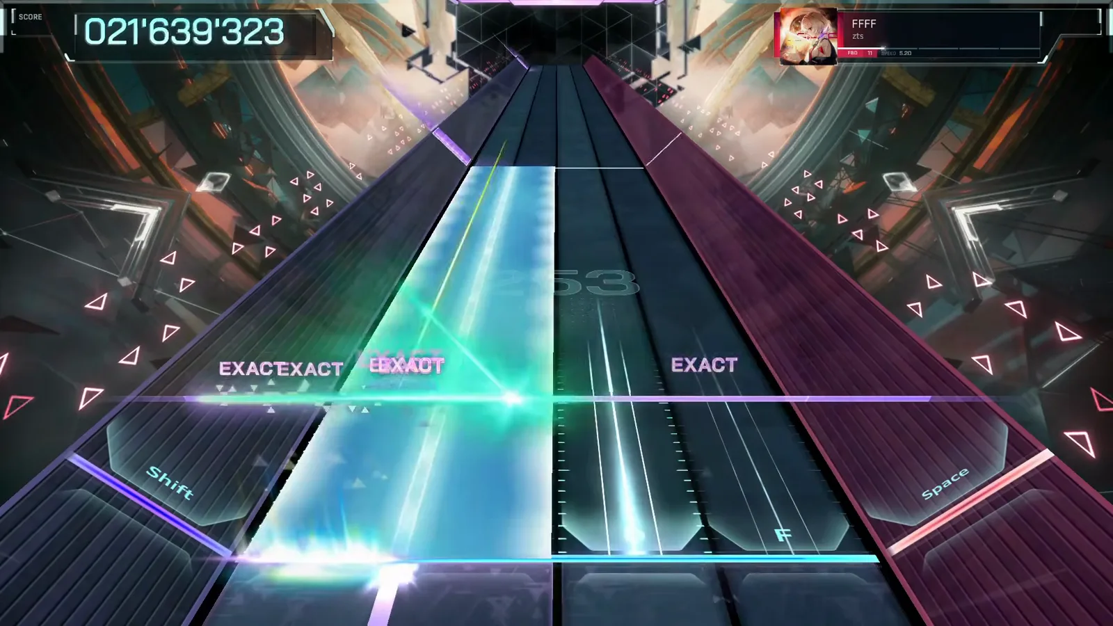 A cyan beam rides the left lanes while a green flick flare lands EXACT on the right at watermark 253 in FFFF FBD 11 A cyan beam rides the left lanes while a green flick flare lands EXACT on the right at watermark 253 in FFFF FBD 11