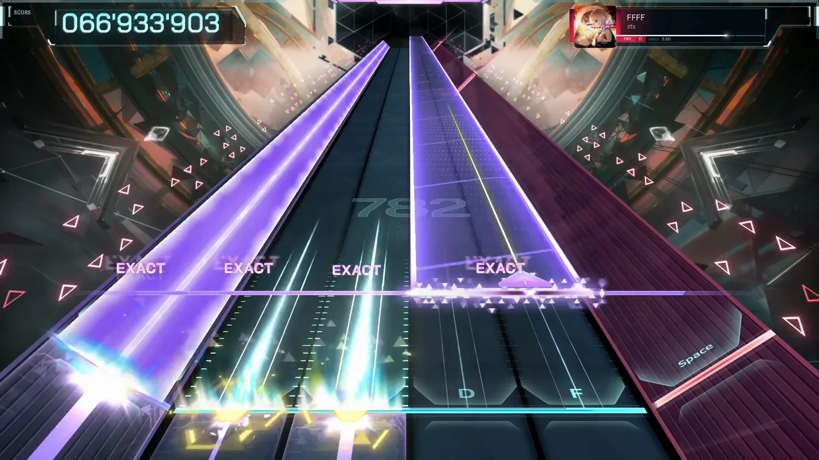Two long violet beams descend side by side over watermark 782 under a full row of EXACT calls in In Falsus FFFF FBD 11 Two long violet beams descend side by side over watermark 782 under a full row of EXACT calls in In Falsus FFFF FBD 11