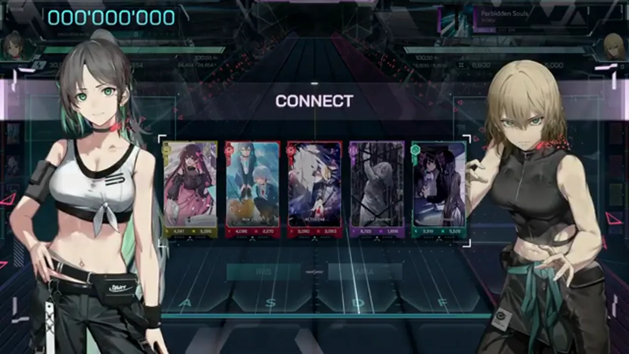 The In Falsus CONNECT screen pairs IRIS with ARIA over a five-card deck before the Forbidden Souls ULT 9 dive starts