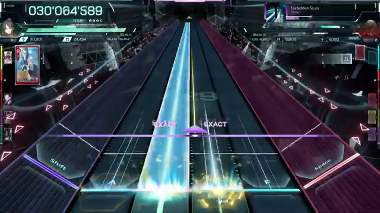 A full-length cyan beam and a yellow hexagonal hold overlap at 030'064'588 in In Falsus Forbidden Souls ULT 9