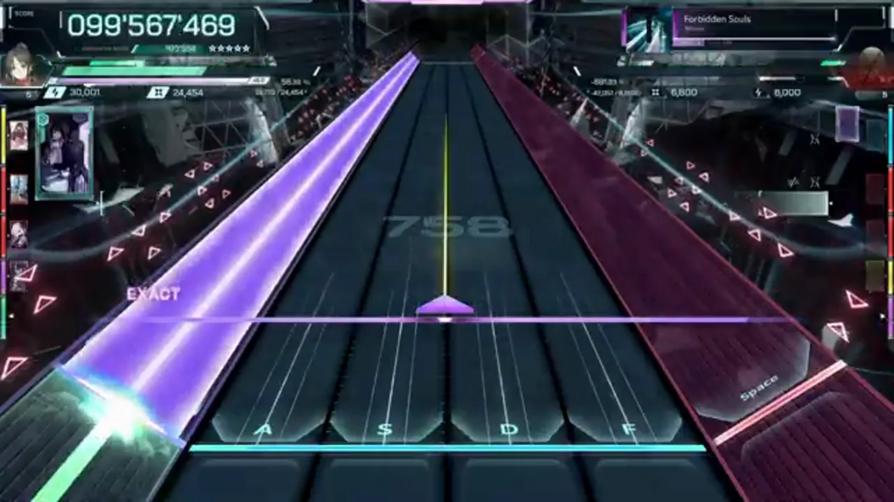 The chain watermark reads 758 of 761 as the last violet beam crosses 099'567'469 in In Falsus Forbidden Souls ULT 9
