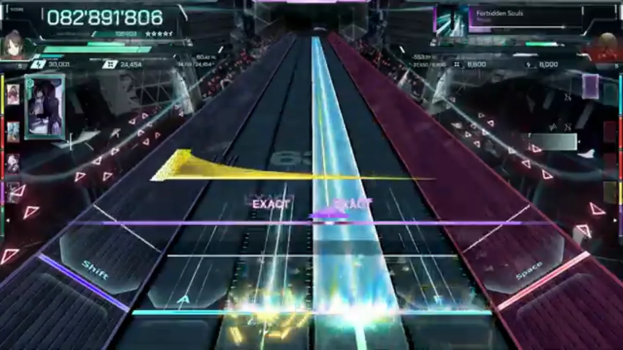 A yellow scratch wedge sweeps across a cyan beam at 082'891'806 late in Forbidden Souls ULT 9 in In Falsus