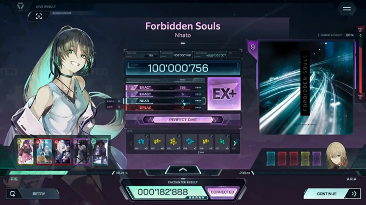 Forbidden Souls ULT 9's In Falsus result card settles at 100'000'756 rank EX+ with EXACT 756 + 5 and zero NEAR or BREAK