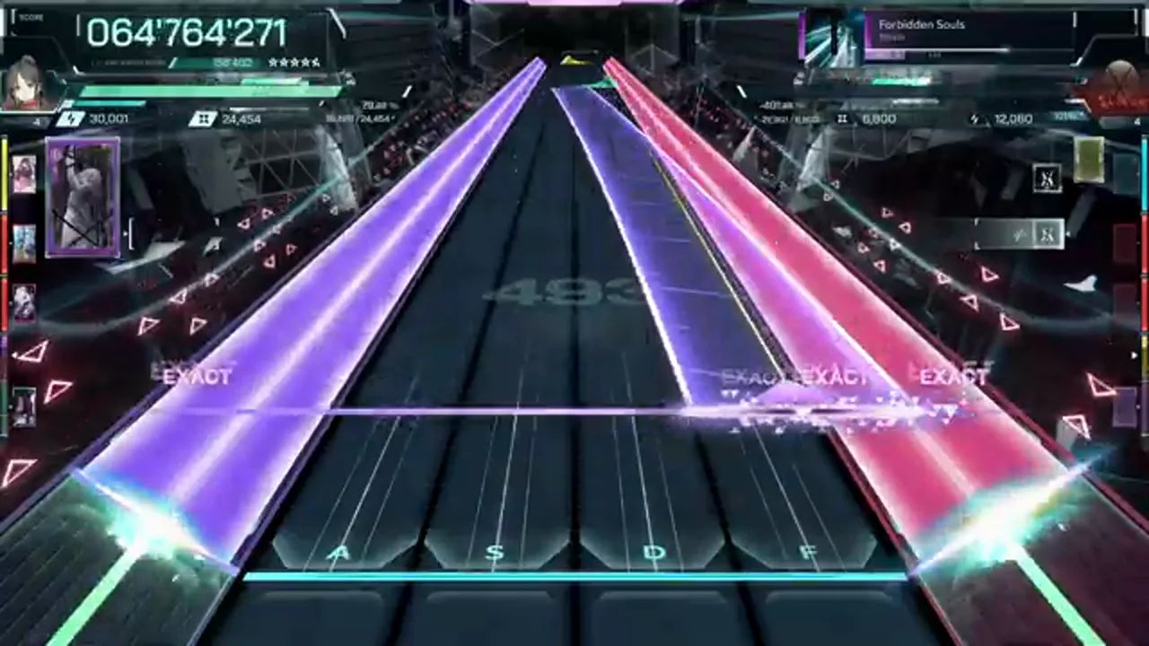 Violet, cyan and pink beams run three abreast over EXACT stamps at 064'764'271 in In Falsus Forbidden Souls ULT 9