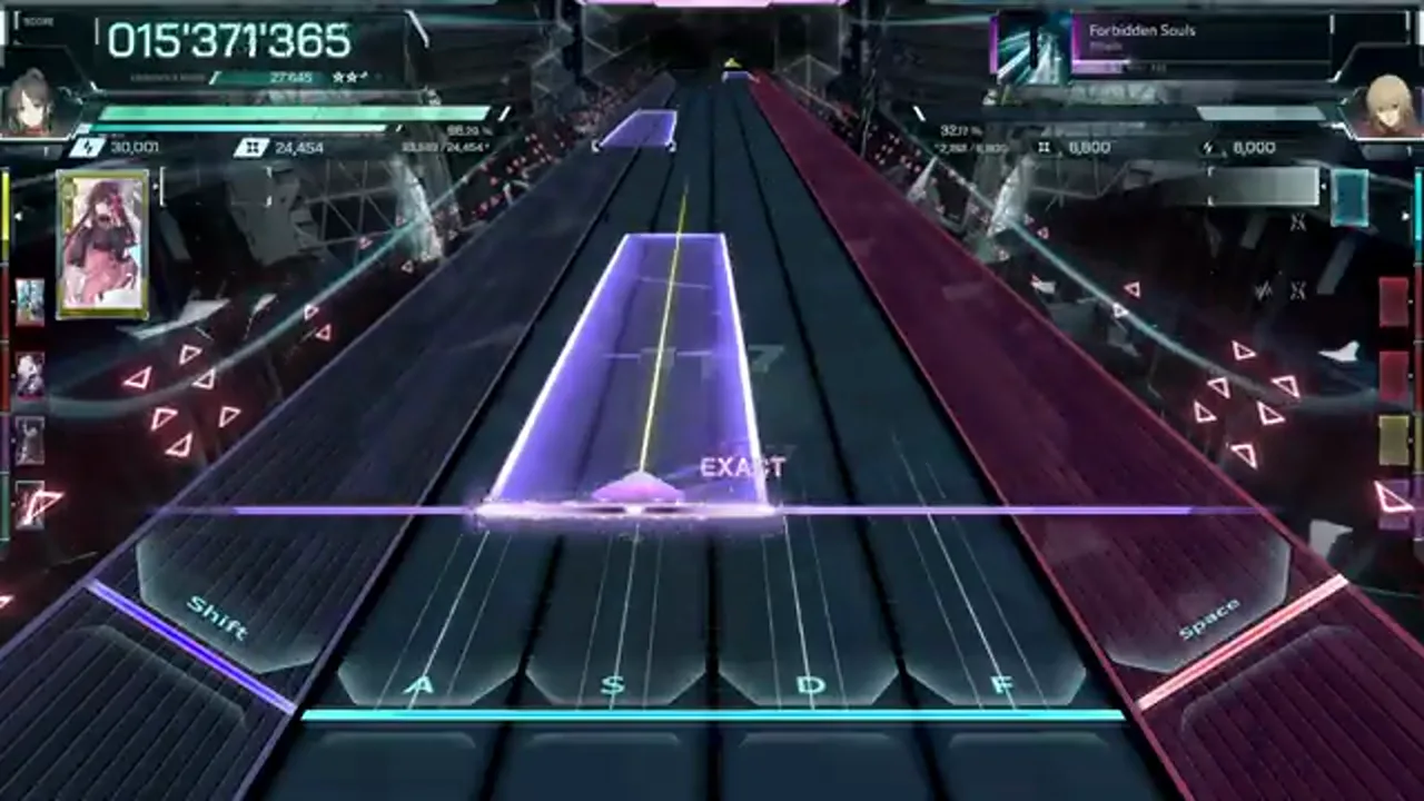 A wide violet beam crosses the judgment line for an EXACT at 015'371'365 in Forbidden Souls ULT 9 in In Falsus