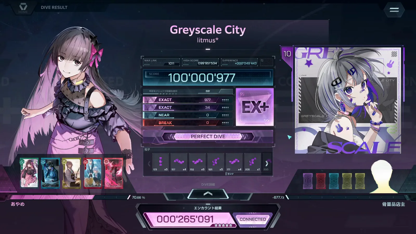 The In Falsus result card totals Greyscale City ULT 10 at 1,011 notes — EXACT 977 + 34, NEAR 0, BREAK 0, rank EX+ The In Falsus result card totals Greyscale City ULT 10 at 1,011 notes — EXACT 977 + 34, NEAR 0, BREAK 0, rank EX+