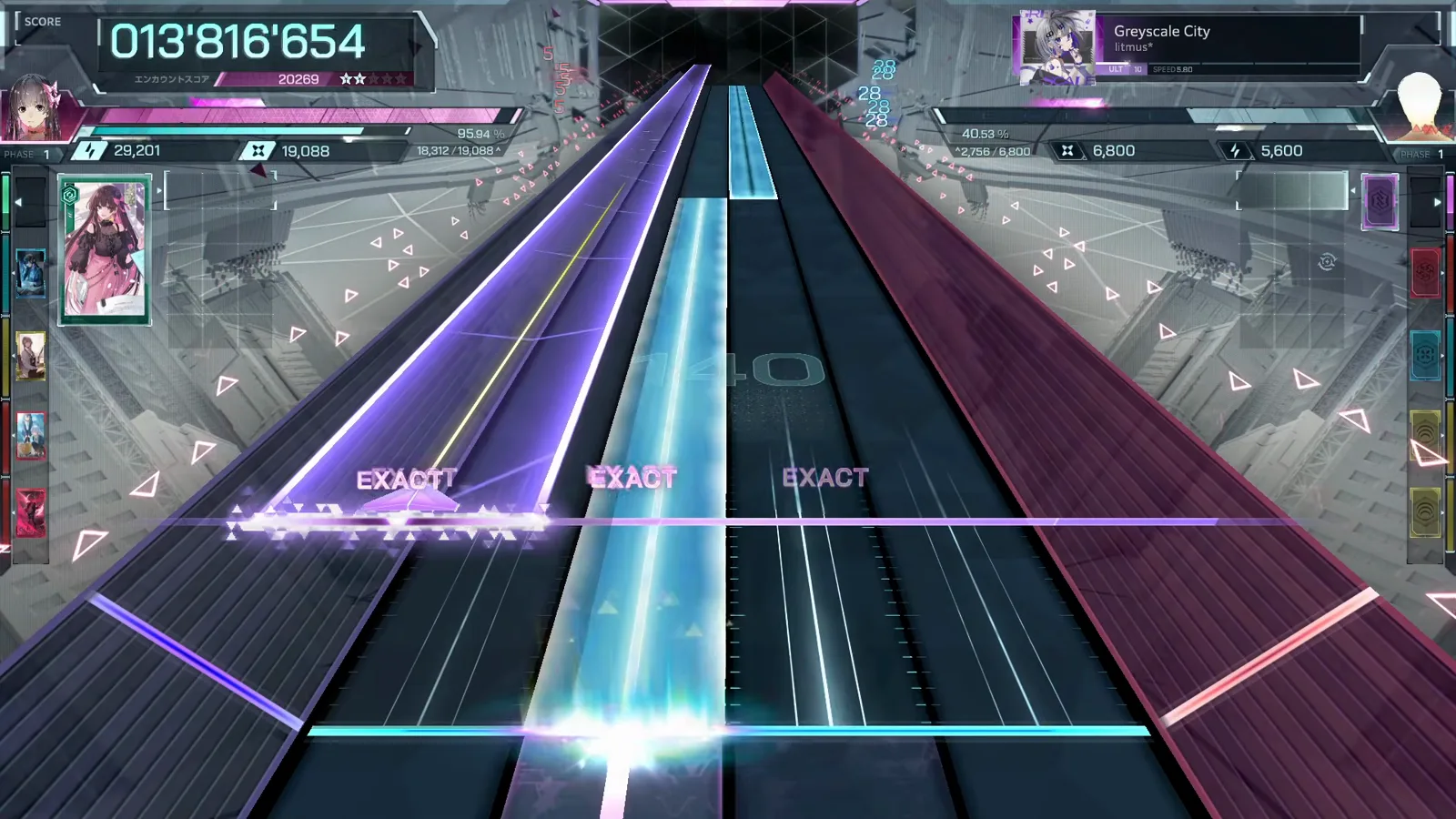 Twin violet and cyan streams feed the In Falsus judgment line as chain 140 builds inside Greyscale City ULT 10 Twin violet and cyan streams feed the In Falsus judgment line as chain 140 builds inside Greyscale City ULT 10