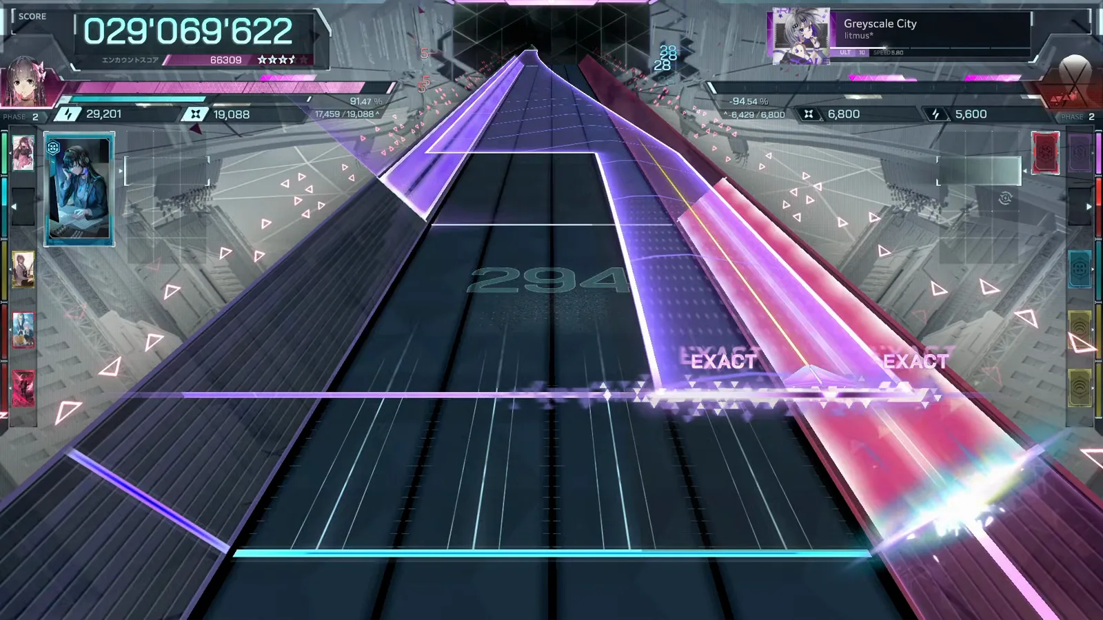 A wide violet field sweeps the right In Falsus lanes as chain 294 lands a double EXACT in Greyscale City ULT 10 A wide violet field sweeps the right In Falsus lanes as chain 294 lands a double EXACT in Greyscale City ULT 10