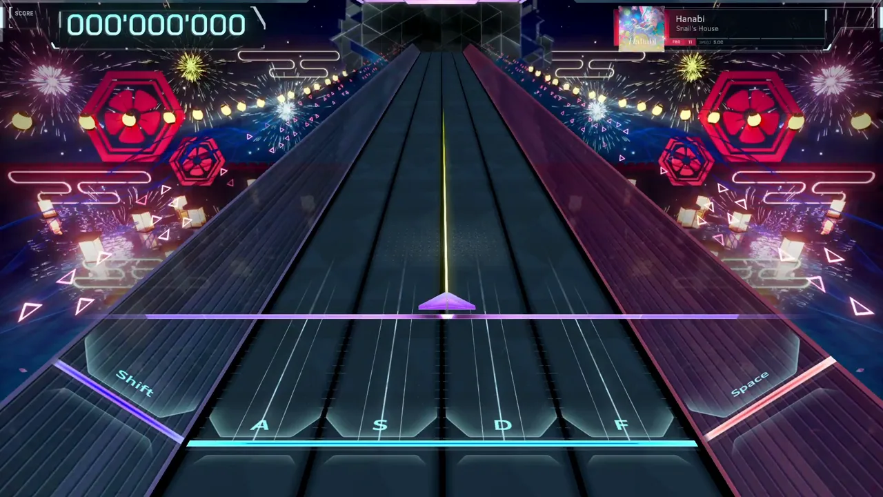 A zeroed counter over an empty In Falsus highway as Hanabi FBD 11 loads, fireworks bursting along both rails