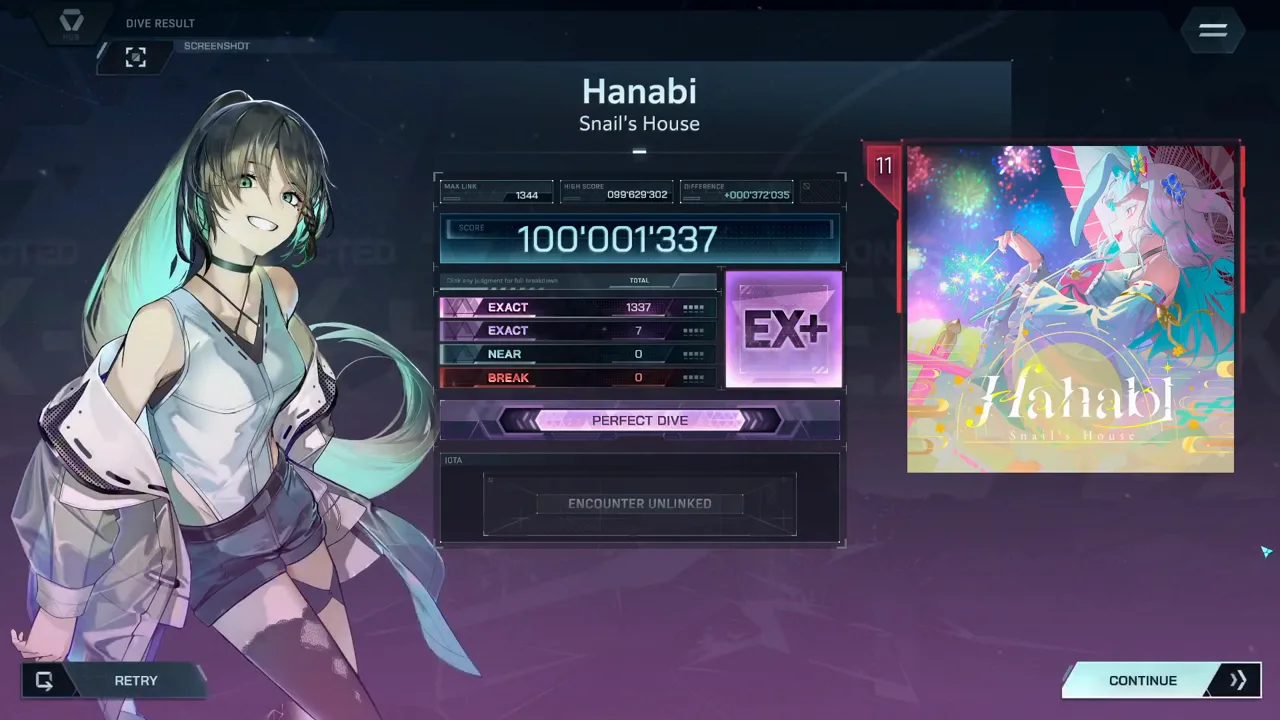Hanabi FBD 11 settles at EX+ and 100'001'337 — EXACT 1337 + 7, NEAR 0, BREAK 0, MAX LINK 1344 on the card