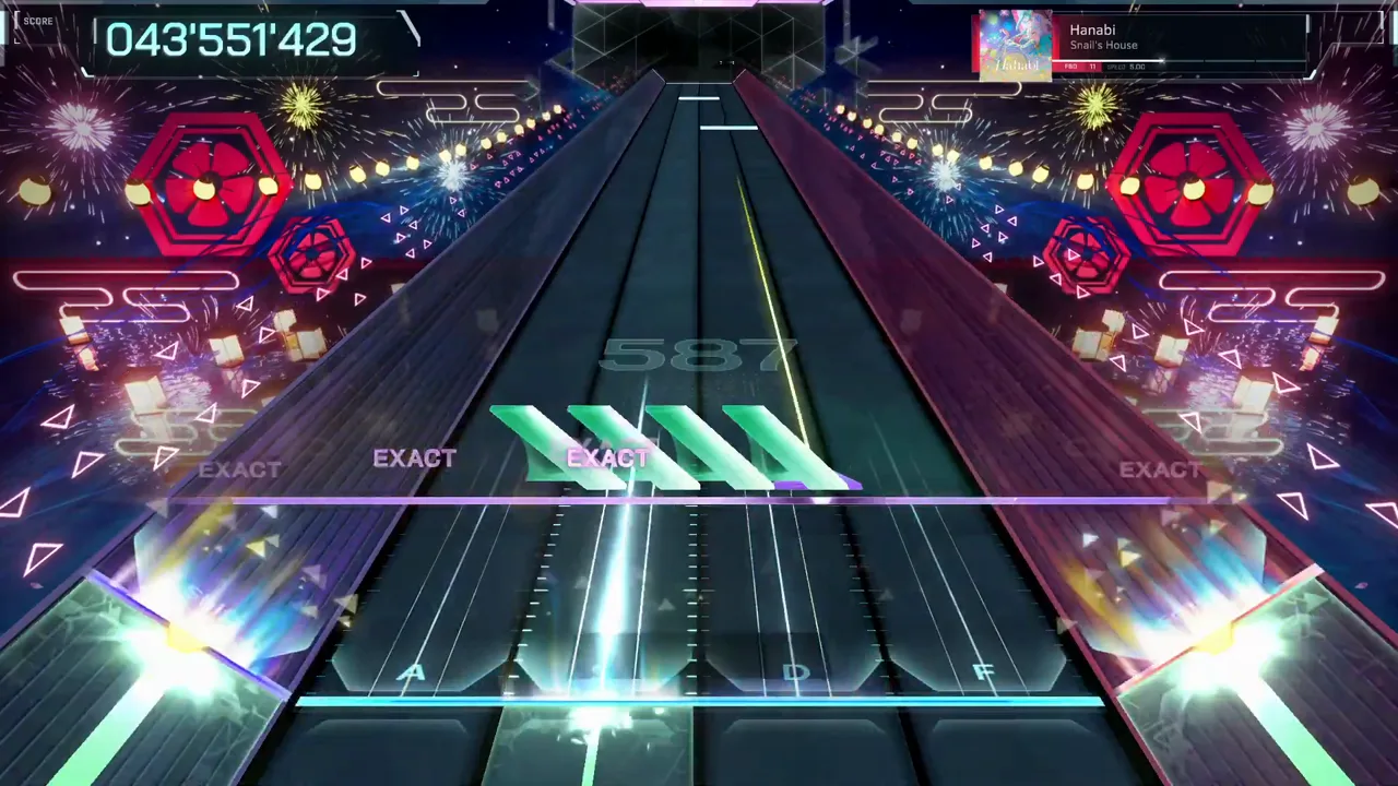 Green flick arrows sweep in across three lanes at 043'551'429 during a flick-heavy stretch of Hanabi FBD 11