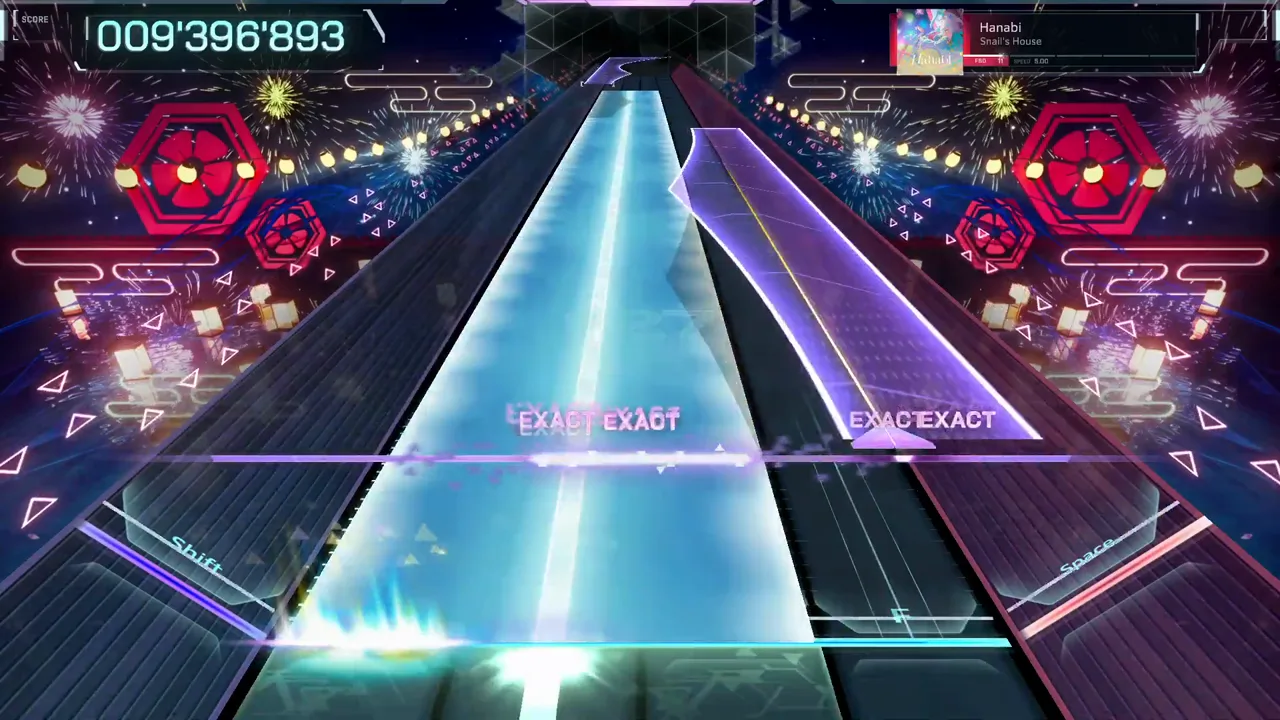 Two full-width beams cross the In Falsus highway at 009'396'893 under an EXACT EXACT row in Hanabi FBD 11