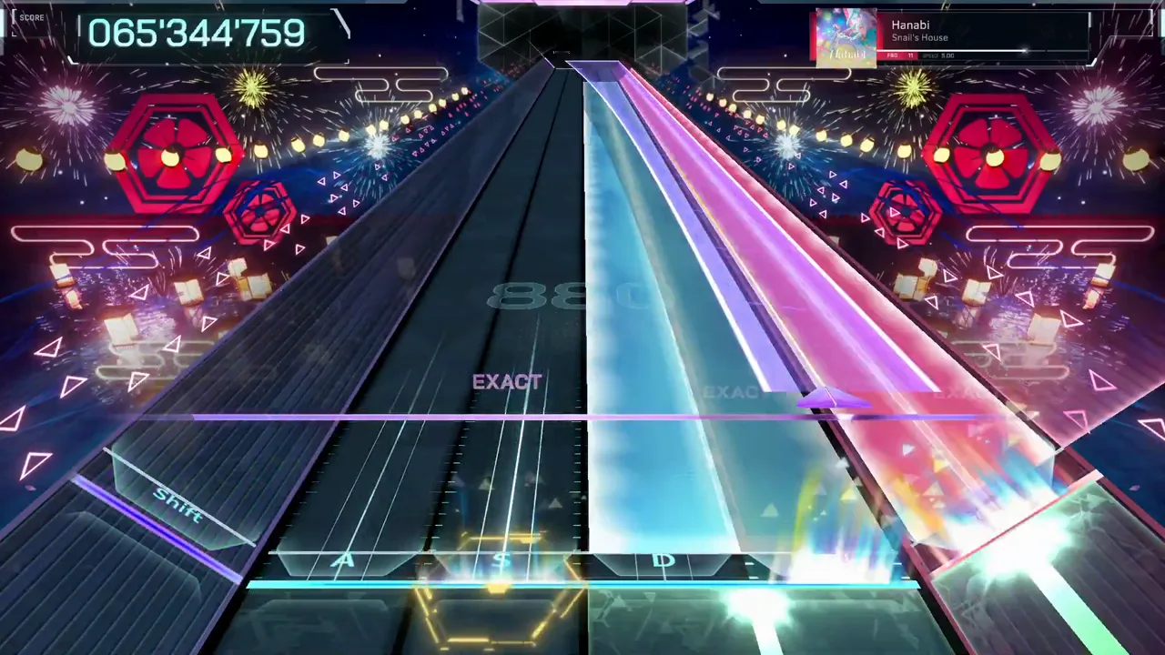 Cyan and pink beams pour down neighboring lanes at 065'344'759 in the mid-section of Hanabi FBD 11